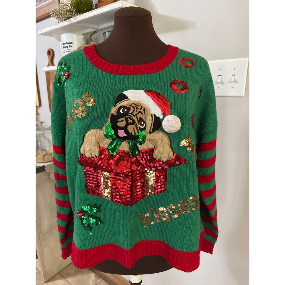 Pug Christmas Sweater womens Large Green Red Pugs Kisses Sequin bling holidays